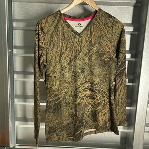 Mossy Oak Camo Shirt Womens M Brown Long Sleeve V Neck Hunting Gorpcore